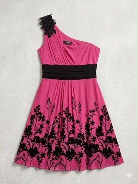 Jane Norman One-Shoulder Pink Floral Fit & Flare Dress with Black Waist